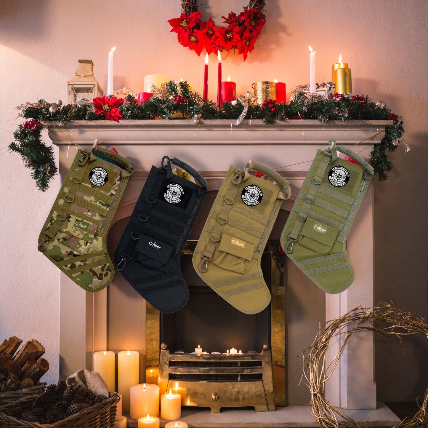 All colors tactical Christmas stocking  hanging fireplace