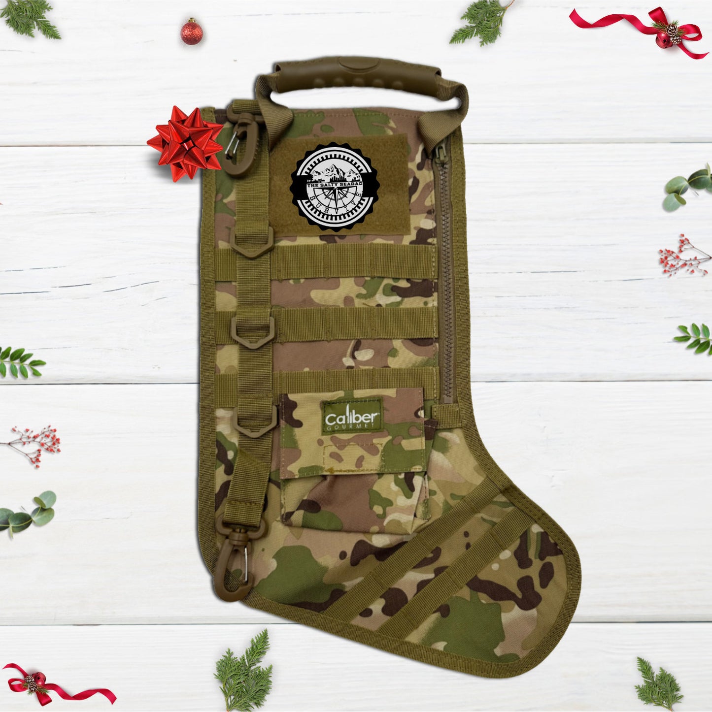 military Christmas stocking camouflage, salty seabag, tactical gear holiday 