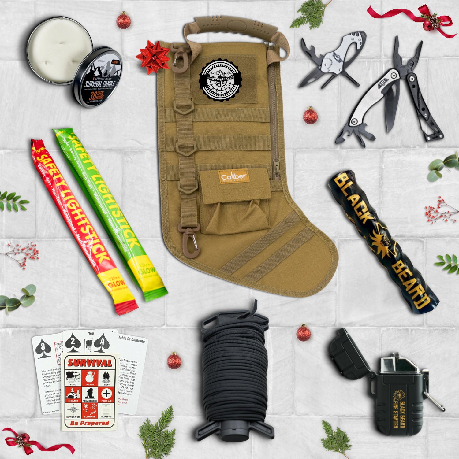 military Christmas stocking, tan, loaded, prefilled, kit, emergency preparedness, salty seabag