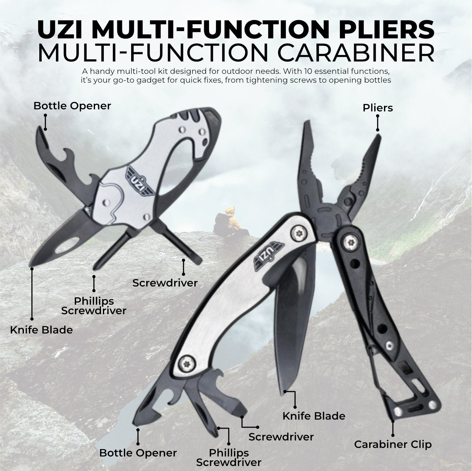 Uzi multi tool, black and silver, salty seabag, multi function survival gear